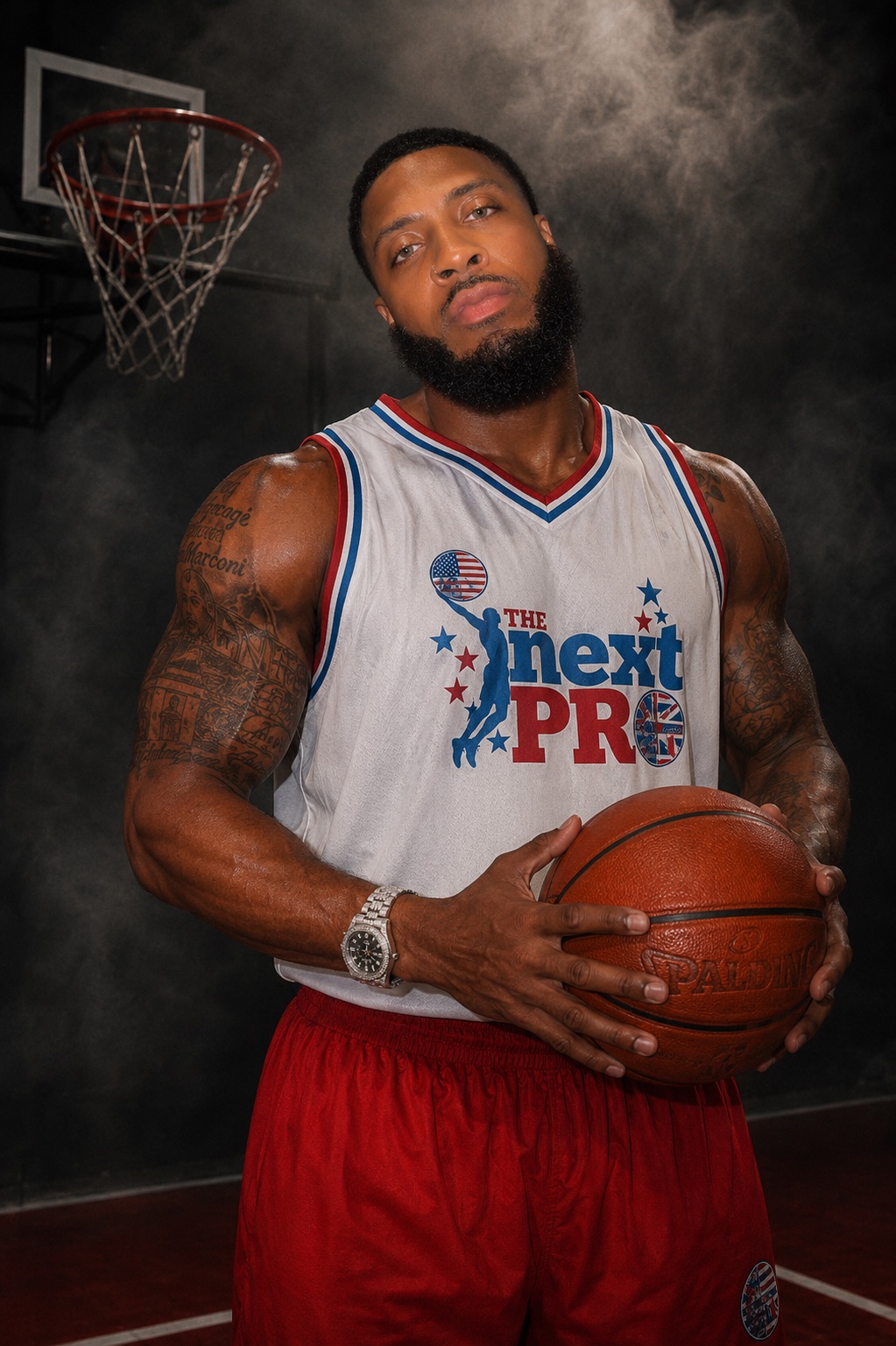 Ivan Harris, founder and head coach of The Next Pro Academy, in a white The Next Pro jersey holding a basketball